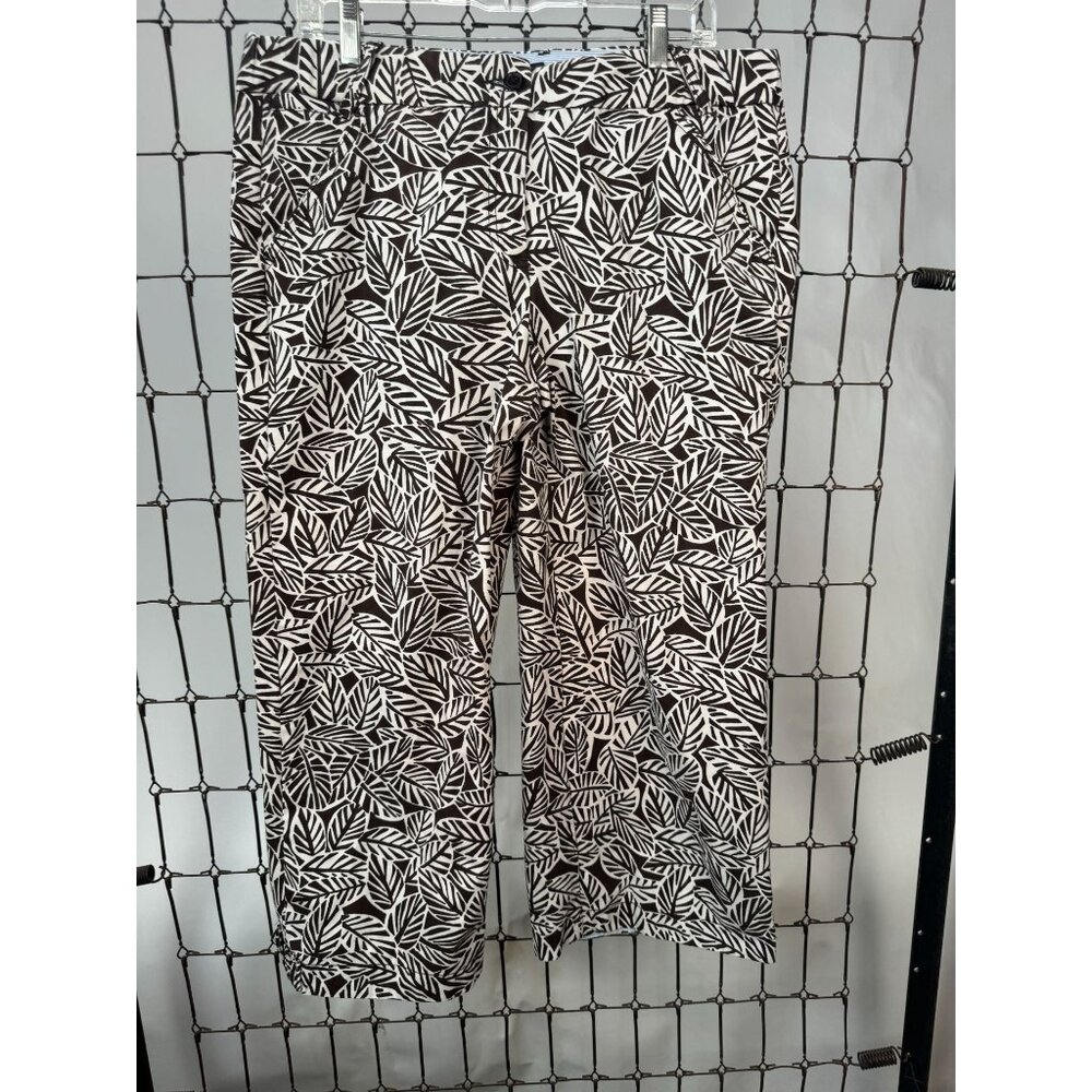 Lands End Womens Brown & White Leaf Print Cotton Capri Pants Size 14